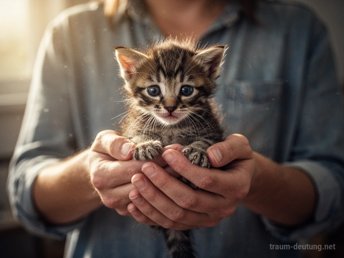 Person rettet eine kleine Katze aus einer unsicheren Situation.