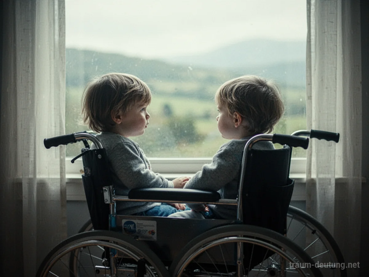 Kind sitzt in einem Rollstuhl und blickt aus dem Fenster auf eine helle Landschaft.