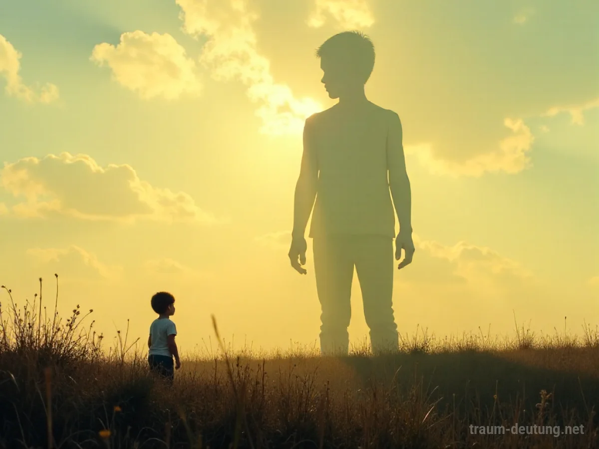 Ein Kind blickt staunend zu einer riesenhaften Silhouette von sich selbst auf, die über der Landschaft thront.