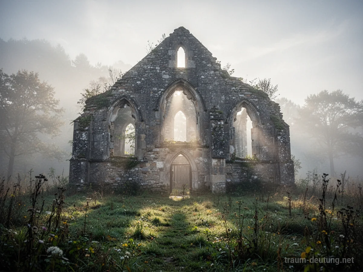 Zerfallene Kirchenruine in einem nebligen Feld