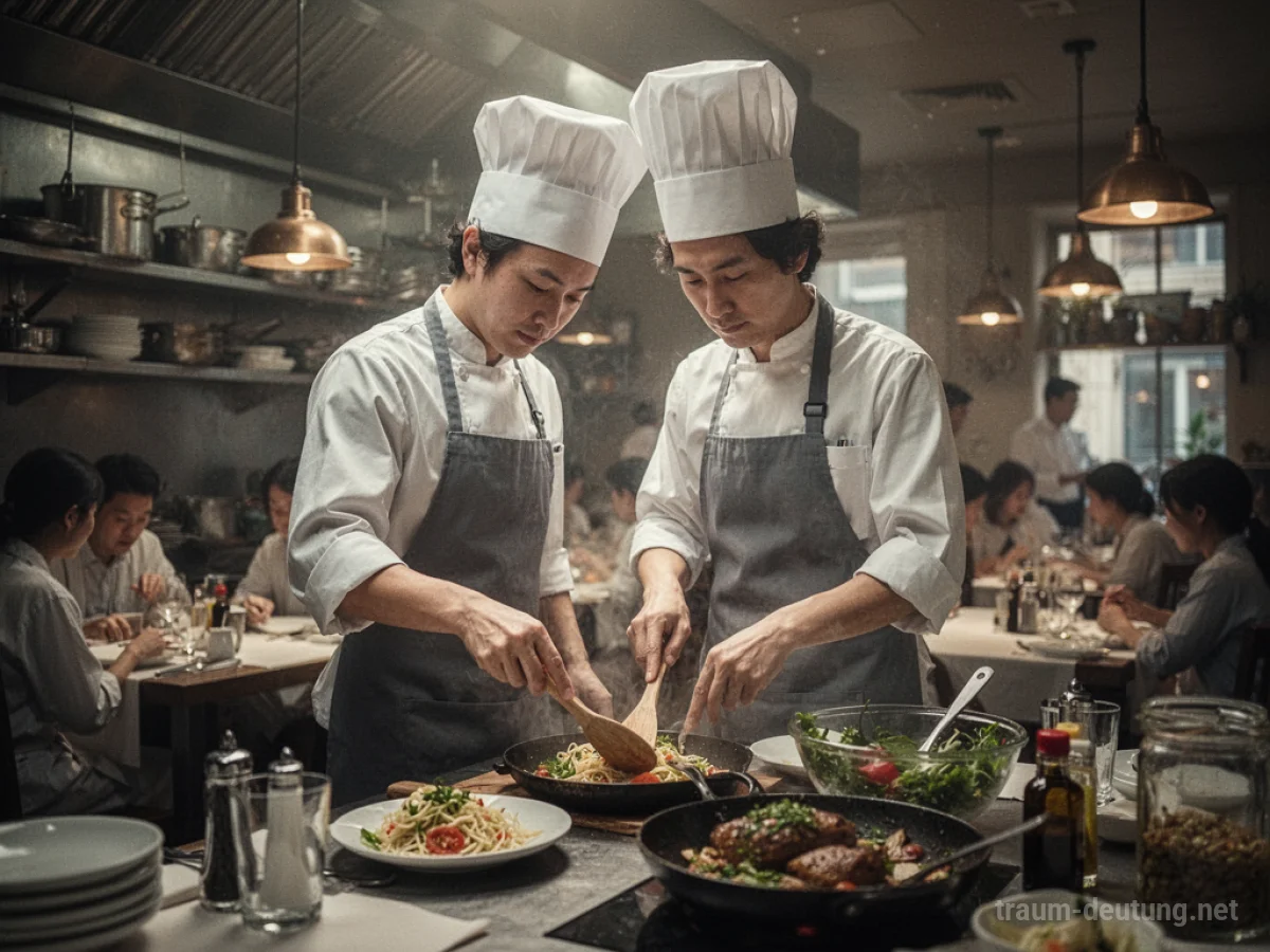 Koch in einer lebhaften Restaurantküche, der konzentriert Essen zubereitet.