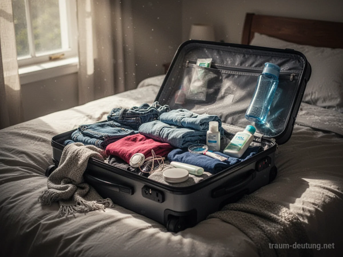 Ein offener Koffer mit Kleidung und Reiseutensilien auf einem Bett.