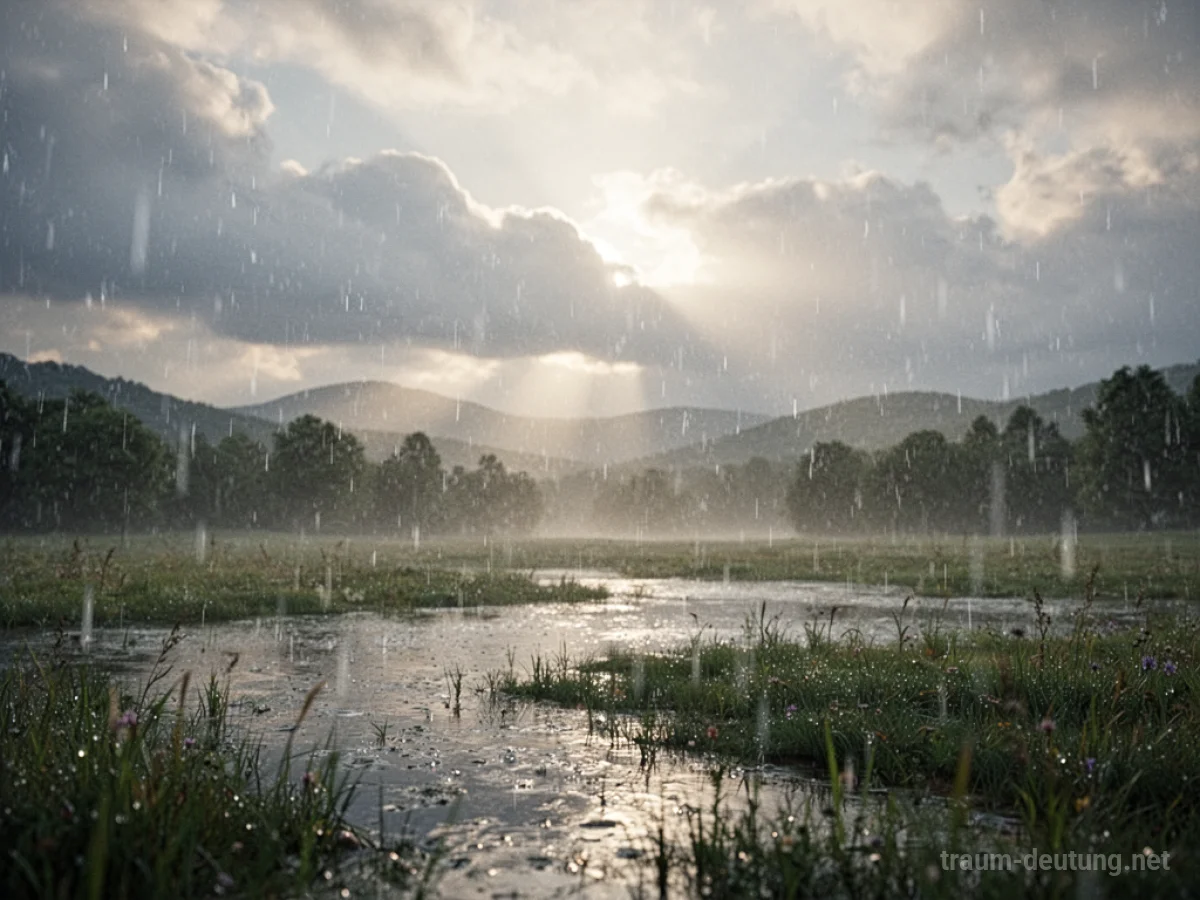 Leichter Nieselregen fällt sanft auf eine ruhige Landschaft.