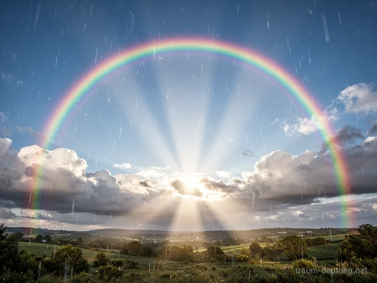 Ein heller, leuchtender Regenbogen überspannt einen blauen Himmel.