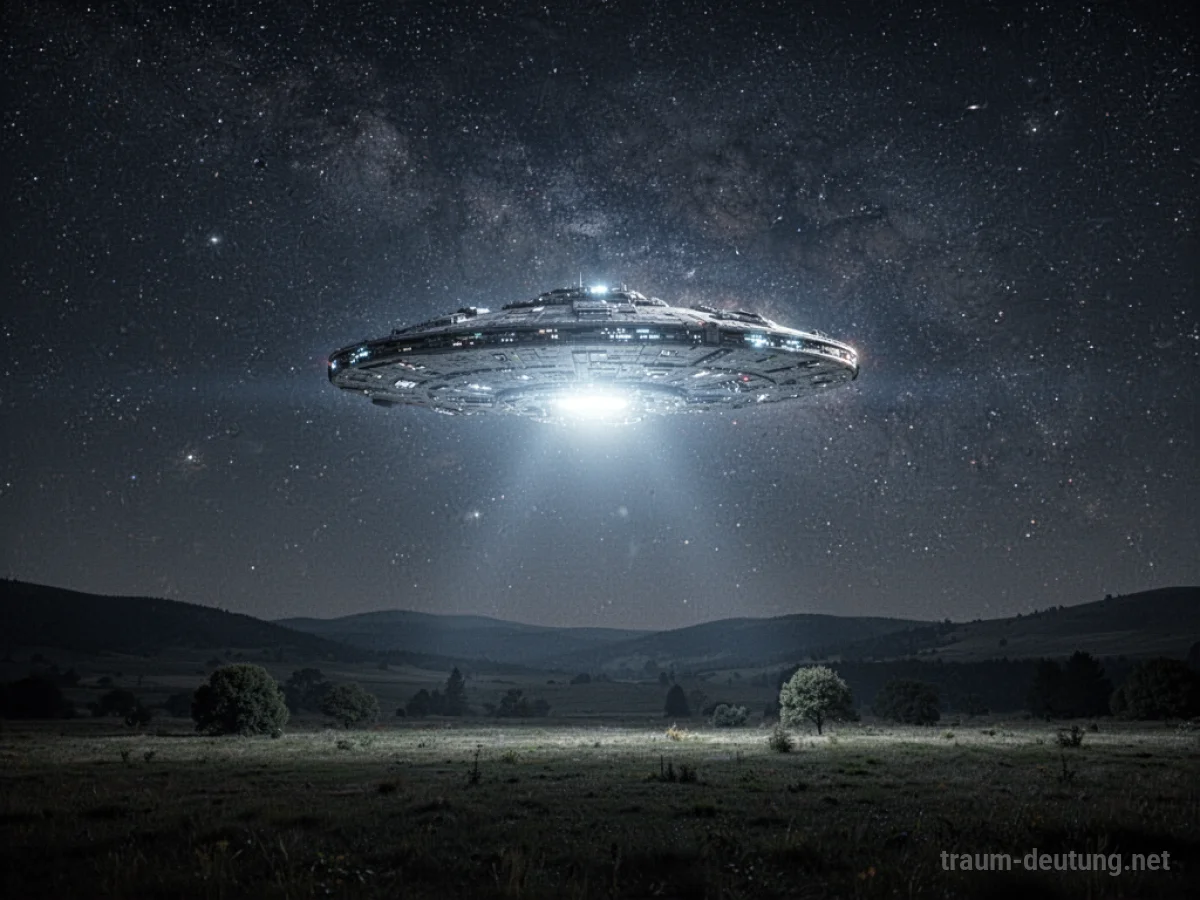 Leuchtendes Raumschiff schwebt über dunkler Landschaft unter Sternenhimmel