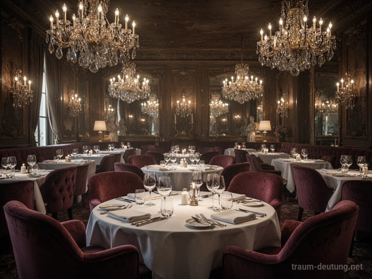 Elegantes, luxuriöses Restaurant mit gedeckten Tischen und gedämpftem Licht
