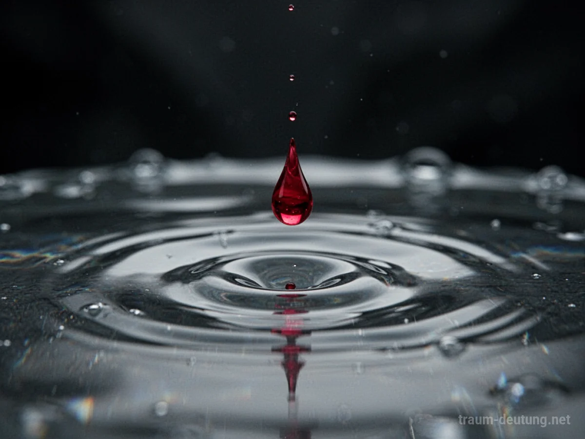 Ein einzelner roter Tropfen fällt in klares Wasser und erzeugt Wellen.