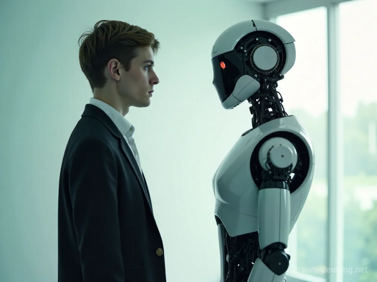 Ein Mensch steht neben seinem eigenen Roboter in einer neutralen Umgebung.