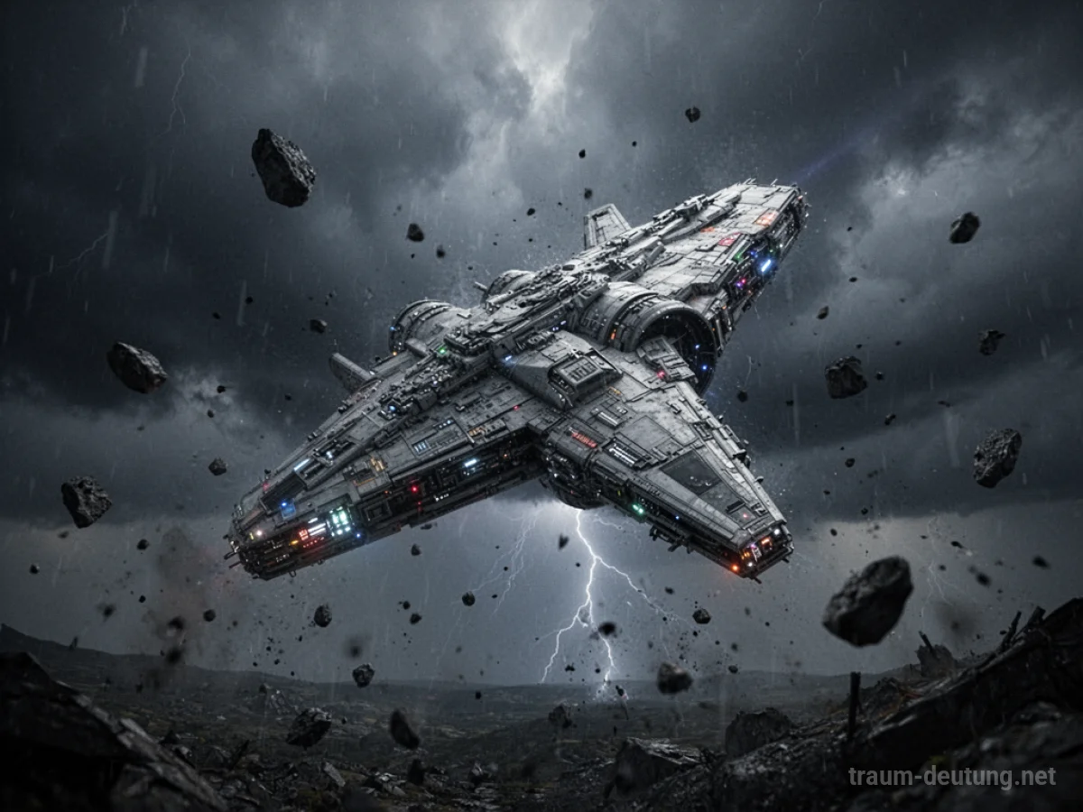 Ein Raumschiff stürzt aus einem stürmischen Himmel ab, Trümmerteile fallen.