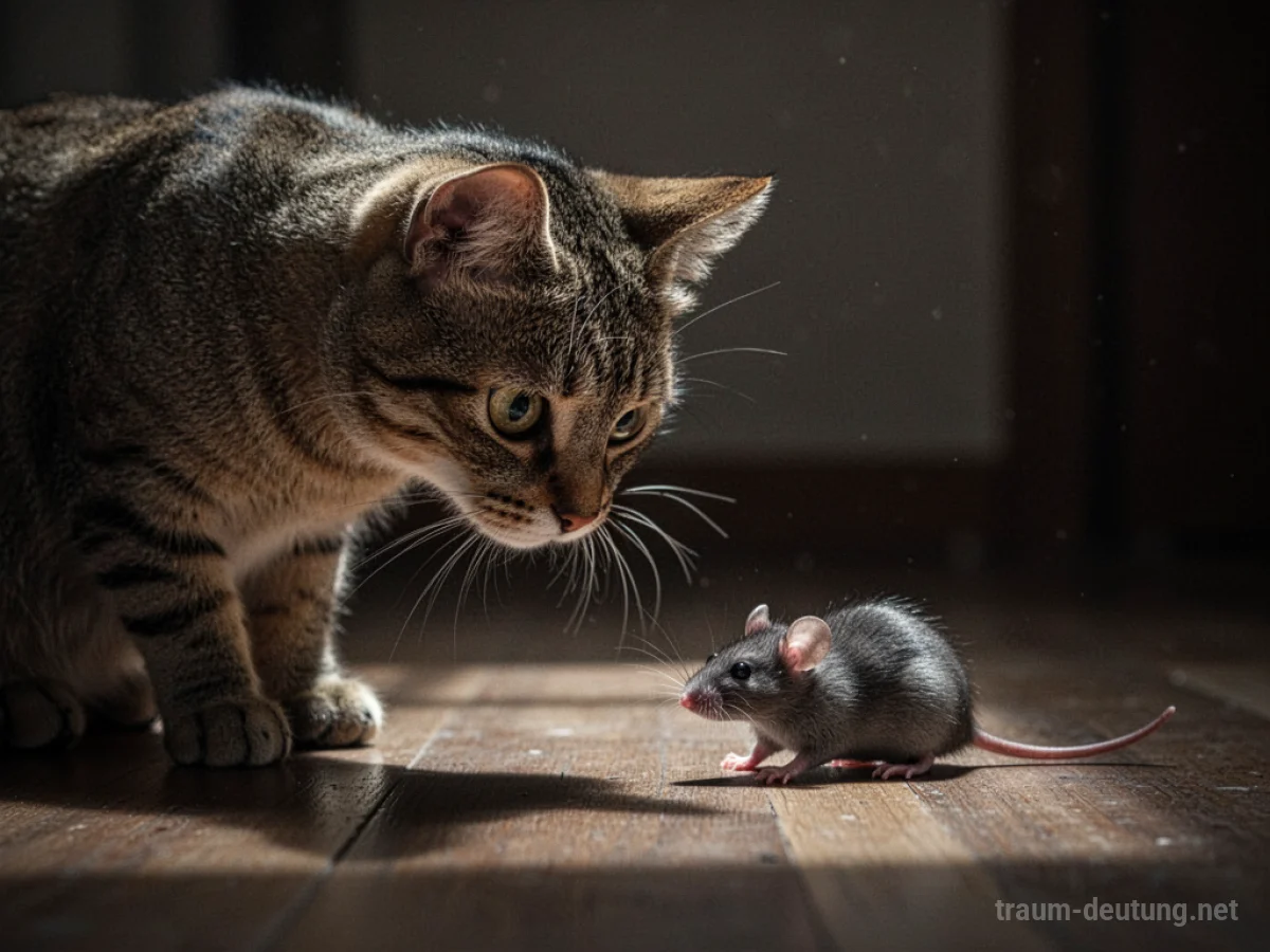 Katze beobachtet eine Ratte in einem dunklen Raum