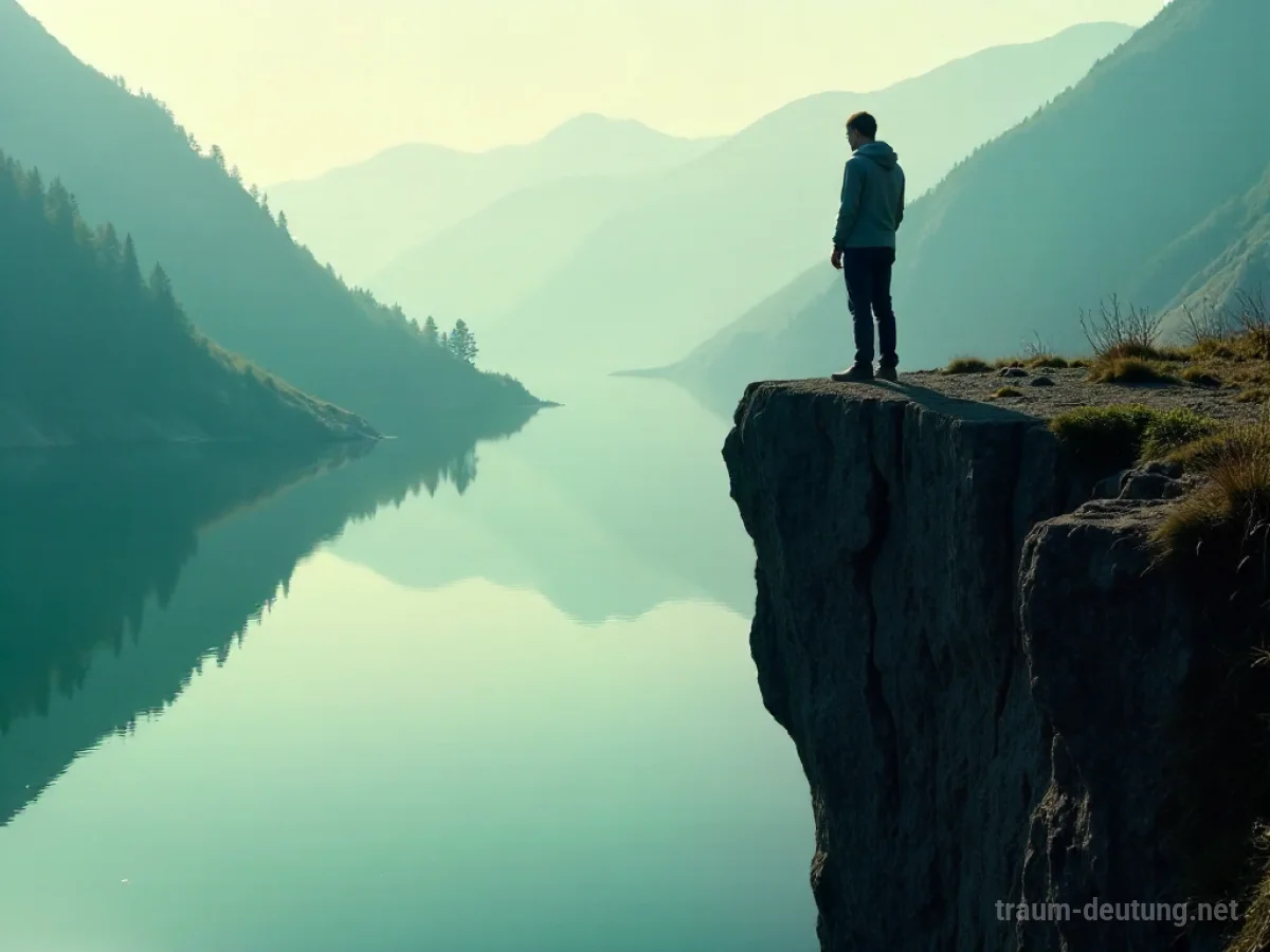 Eine Person blickt auf ihr Spiegelbild in einem See, das Spiegelbild wirkt selbstbewusster.