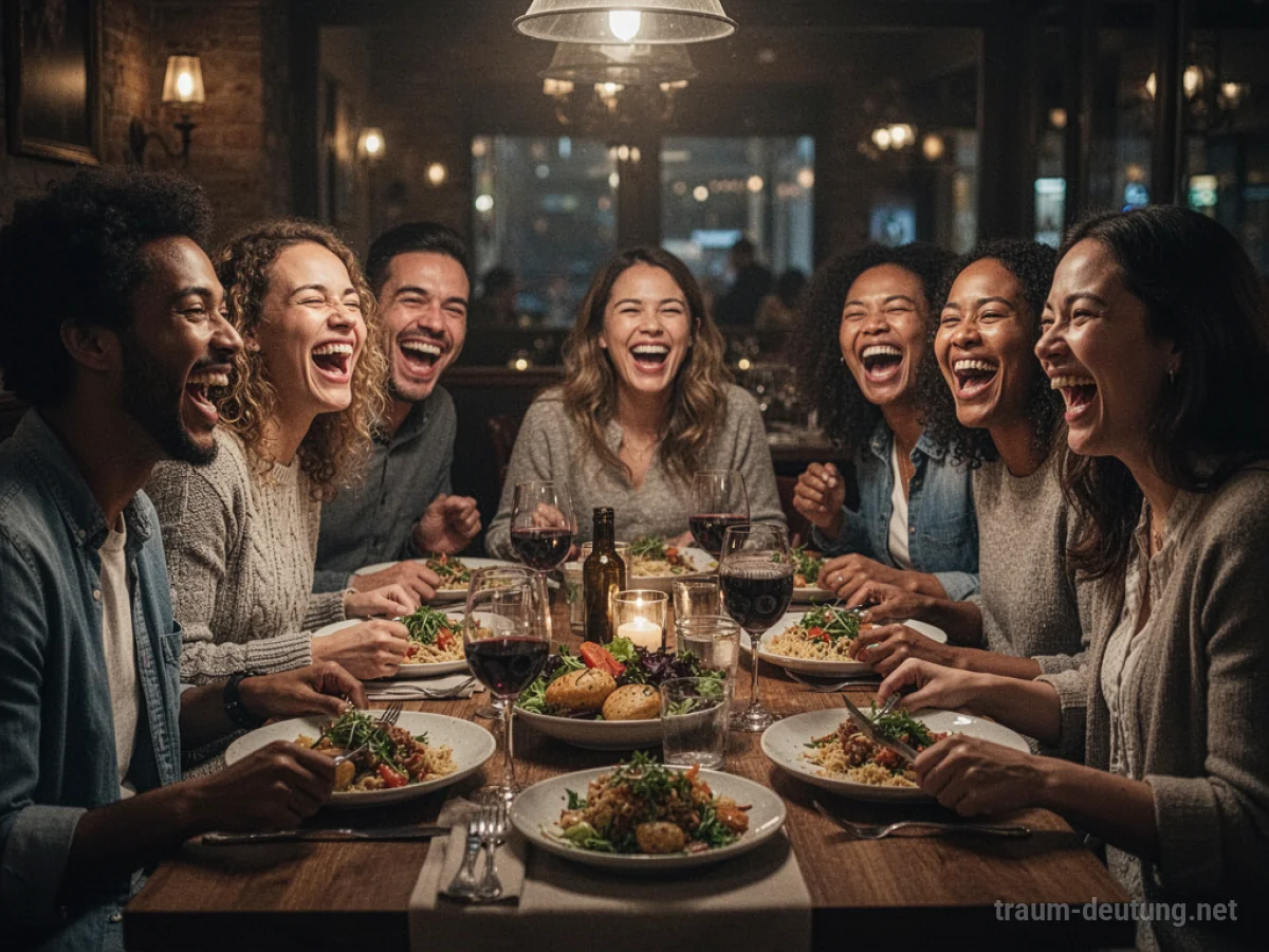 Freunde essen und lachen gemeinsam an einem Tisch in einem gemütlichen Restaurant.