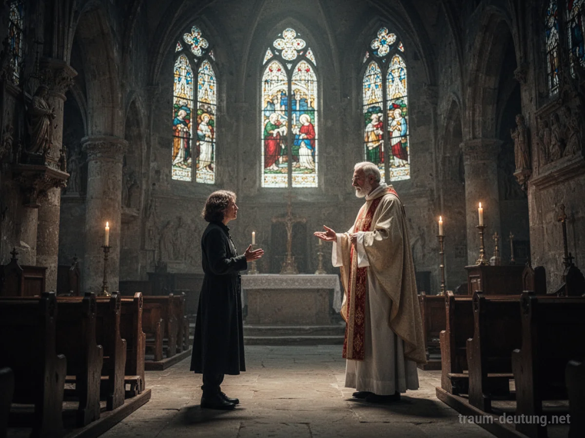 Eine Person spricht mit einem Priester in einer Kirche.