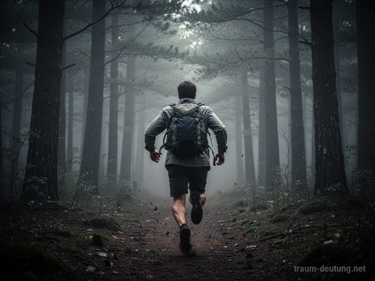 Eine Person mit Rucksack flieht durch einen dunklen Wald.