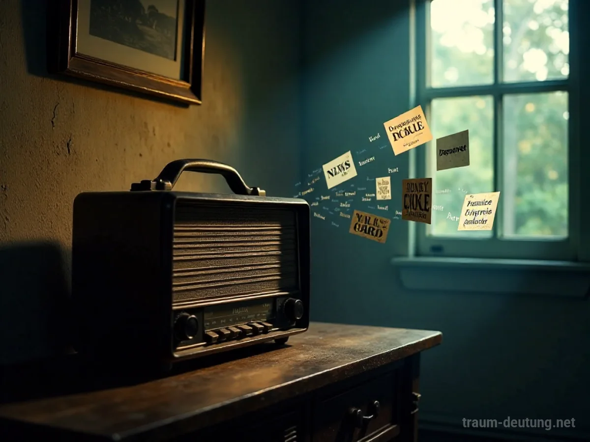 Ein Radio mit abstrakt dargestellten Nachrichten über einer dunklen Oberfläche.
