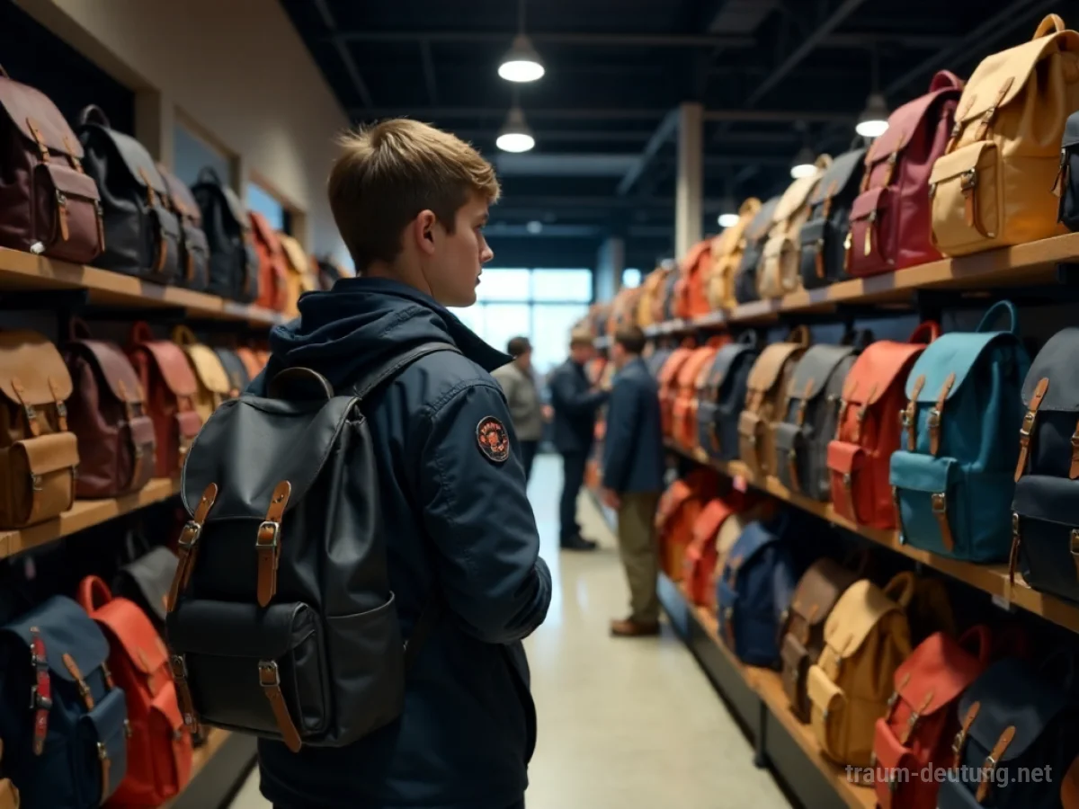 Eine Person wählt einen neuen Rucksack aus einem Regal in einem Geschäft.