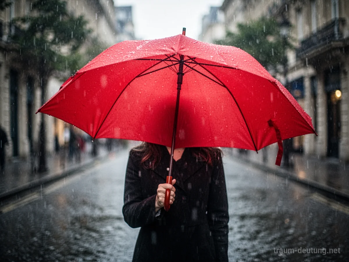 Neuer, roter Regenschirm wird im Regen gehalten
