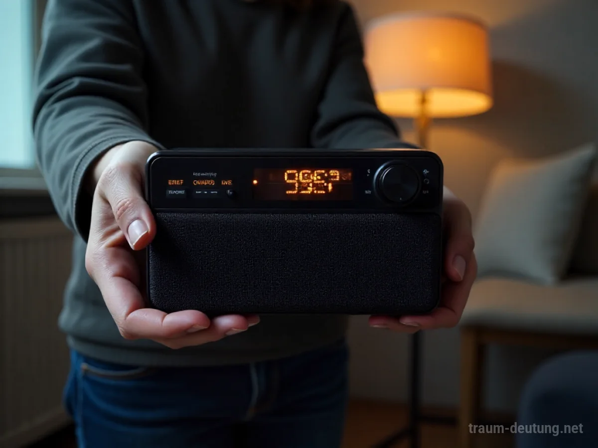 Hände halten ein neues, modernes Radio mit leuchtendem Display.