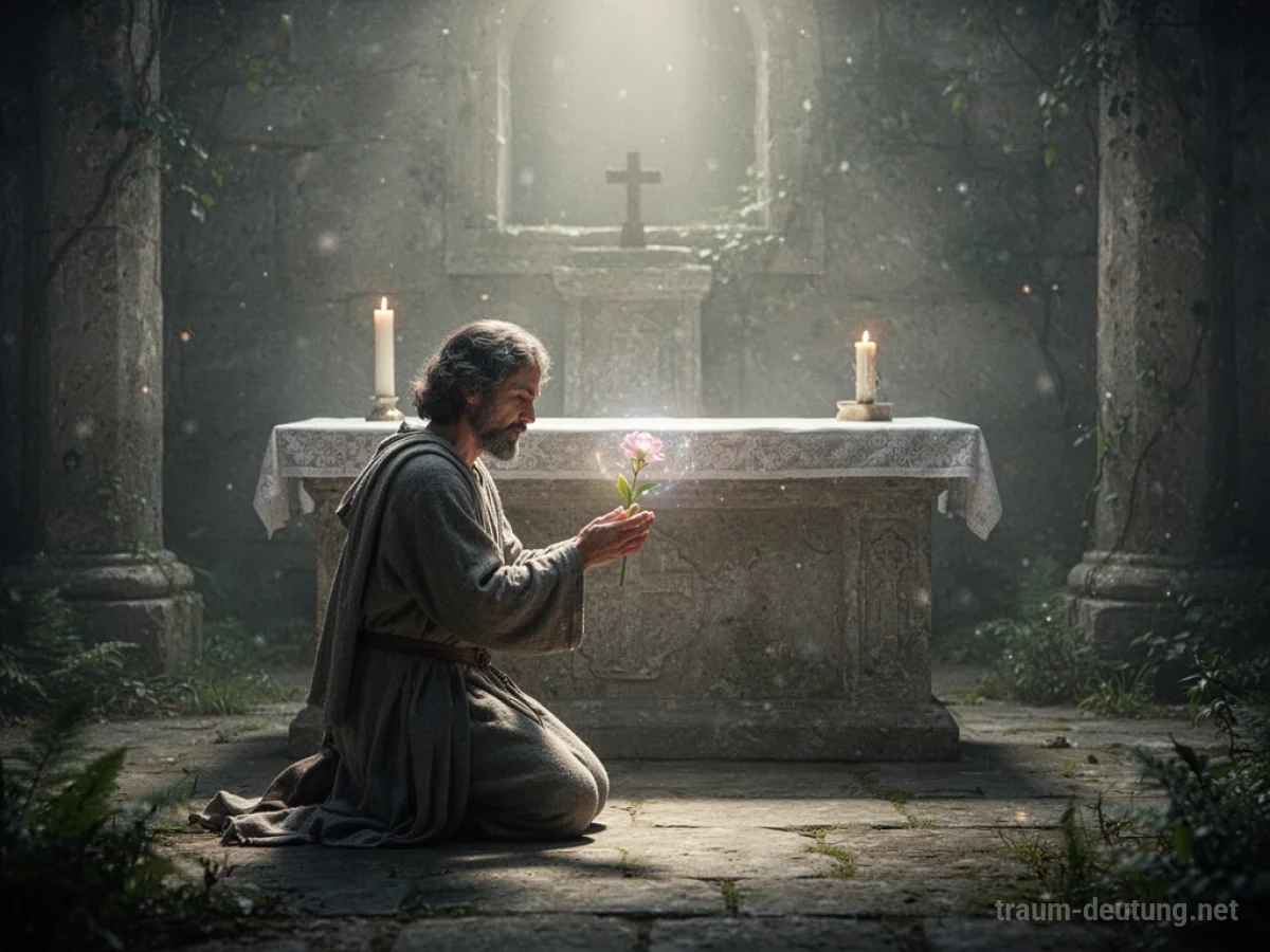 Eine Person kniet vor einem Altar und bringt ein Opfer dar.