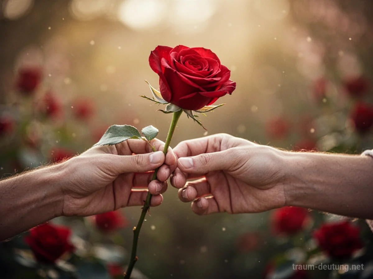 Eine Hand reicht eine rote Rose als Geschenk.