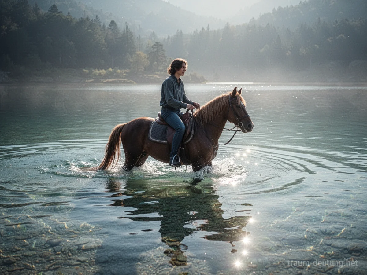 Eine Person reitet ein Pferd durch klares Wasser.