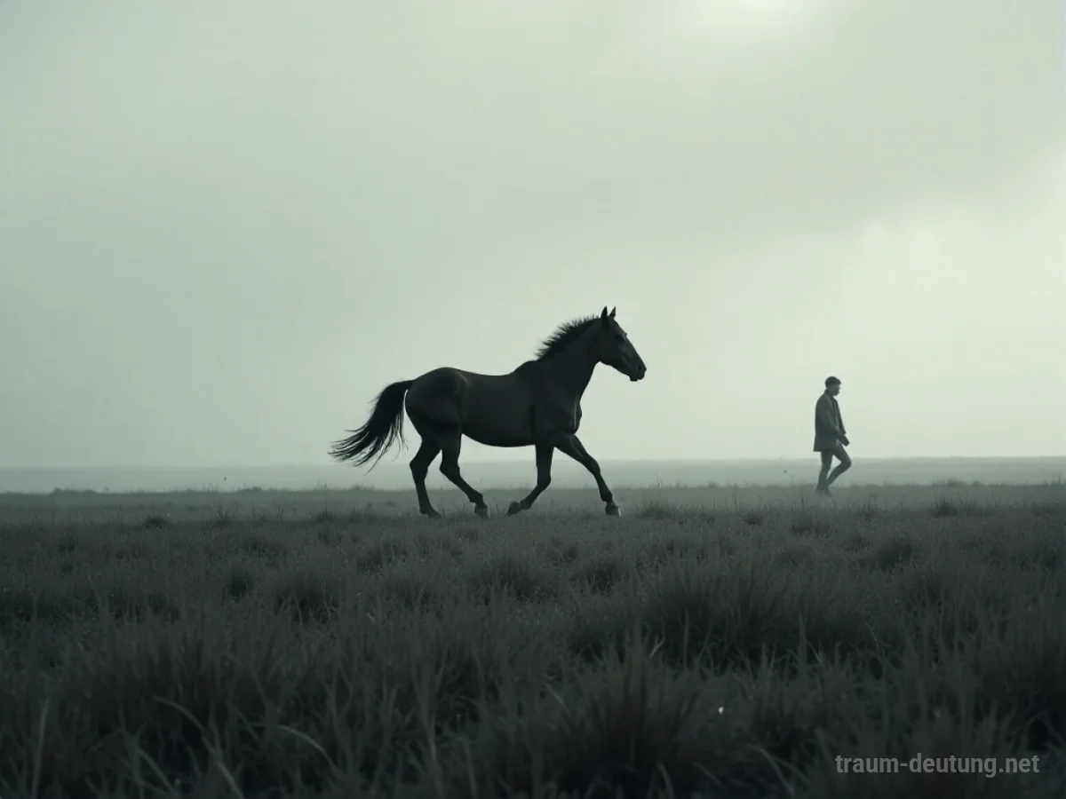 Silhouette einer Person, die einem davonlaufenden Pferd in einer weiten, leeren Landschaft nachsieht.