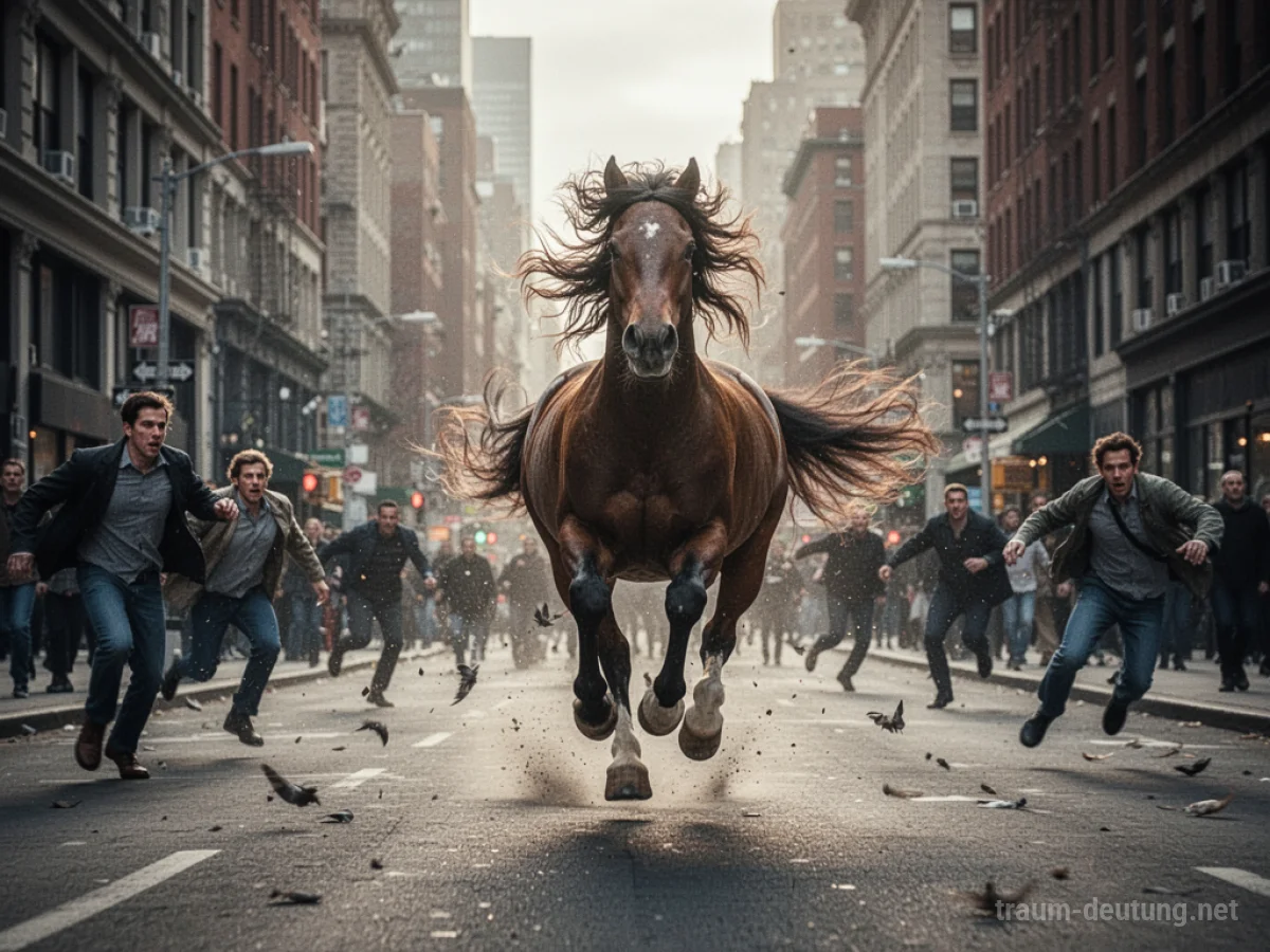 Ein Pferd rennt wild durch eine belebte Stadtstraße, Menschen weichen aus.