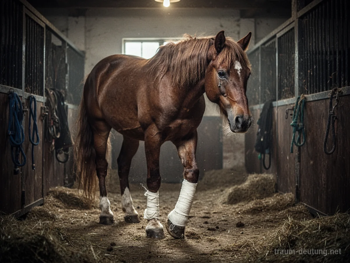 Verletztes Pferd mit Bandage im Stall