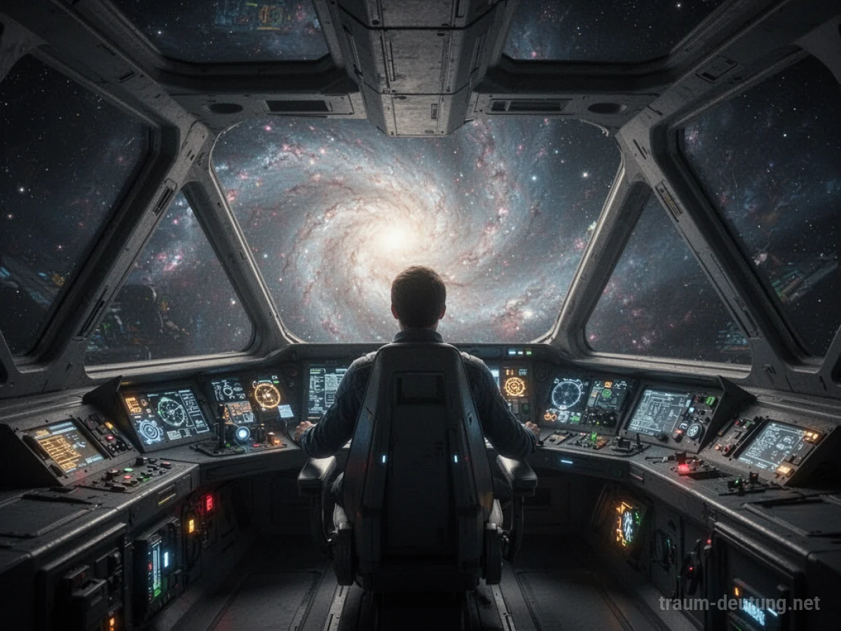 Pilot im Cockpit eines Raumschiffs blickt auf einen Nebel.