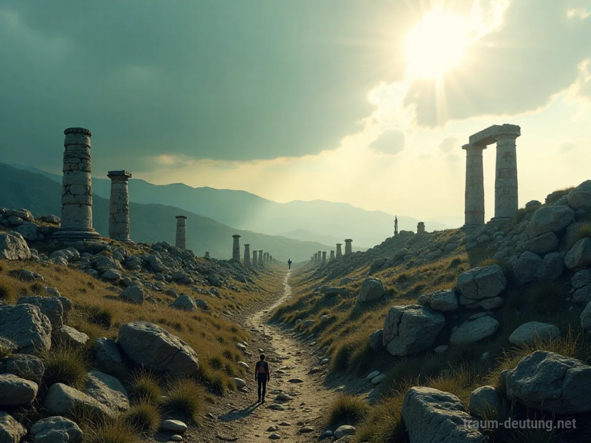 Weite Landschaft mit vielen zerfallenden Ruinen unter einem bedeckten Himmel.