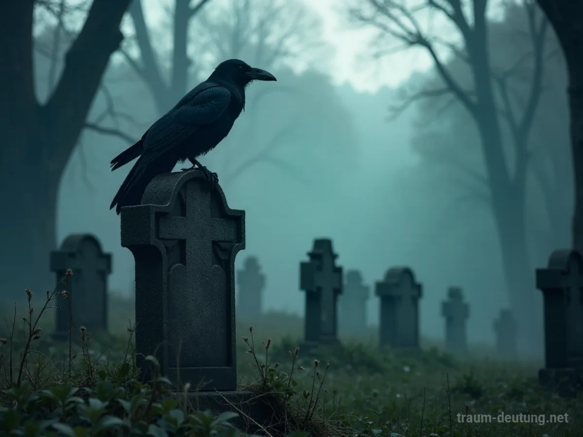 Rabe sitzt auf einem alten Grabstein auf einem nebligen Friedhof.
