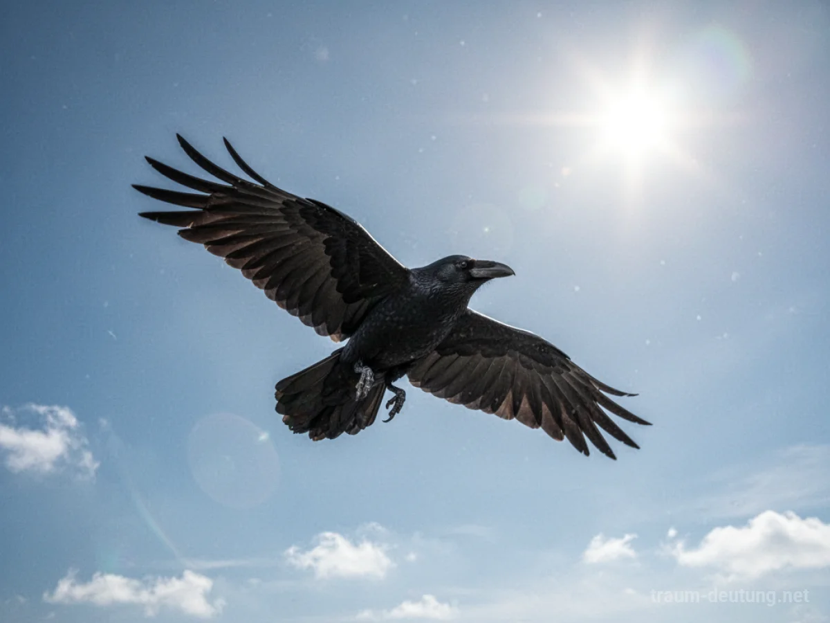 Ein Rabe fliegt hoch am blauen Himmel.