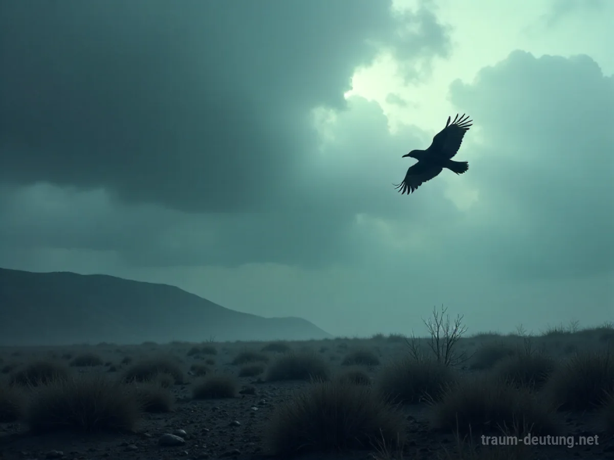 Ein Rabe fliegt tief über einer einsamen Landschaft.