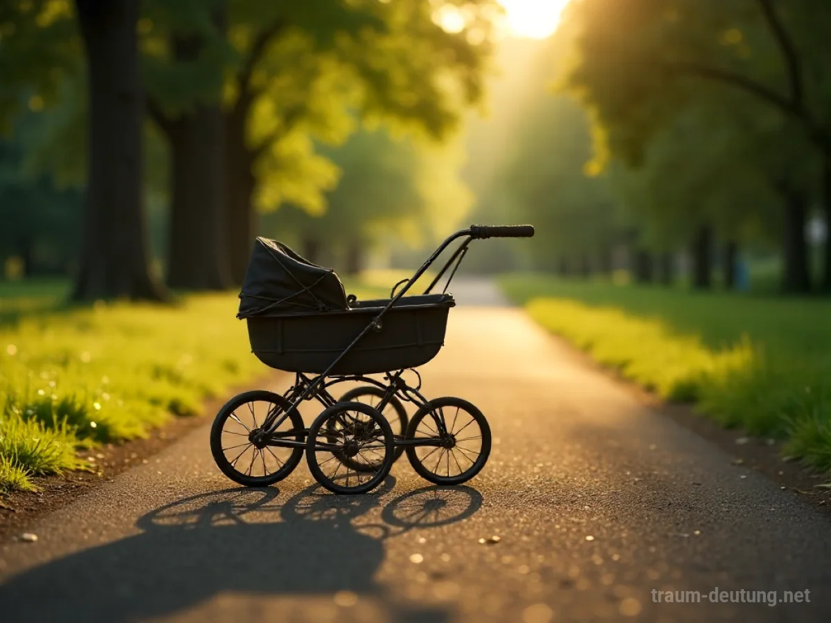 Ein einzelnes Rad eines Kinderwagens liegt auf einem Weg.