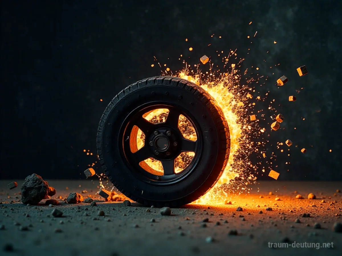 Ein explodierendes Rad mit Trümmern, die sich verteilen
