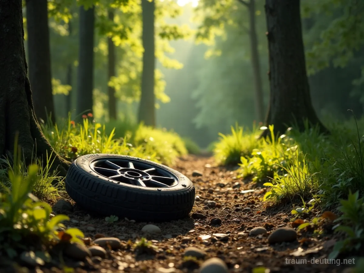 Ein einzelnes Rad liegt auf einem Weg im Wald.