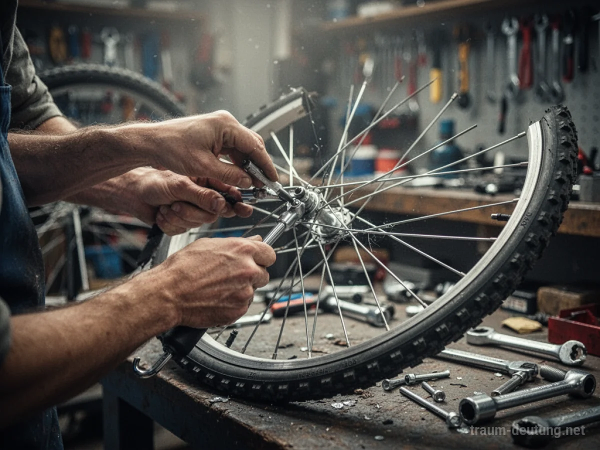 Hände reparieren ein Fahrradrad mit Werkzeug in einer Werkstatt.