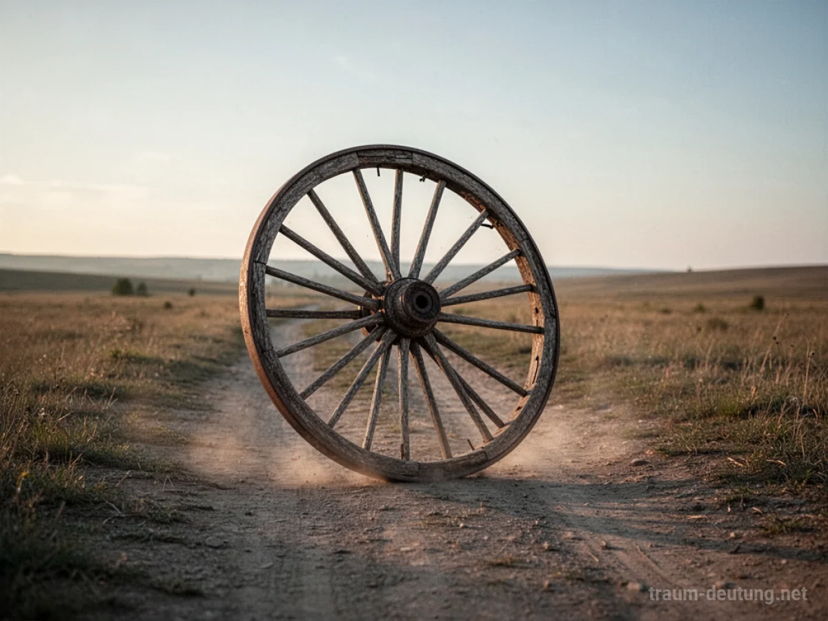 Ein einzelnes, altes Speichenrad liegt auf einem staubigen Weg in weiter Landschaft.