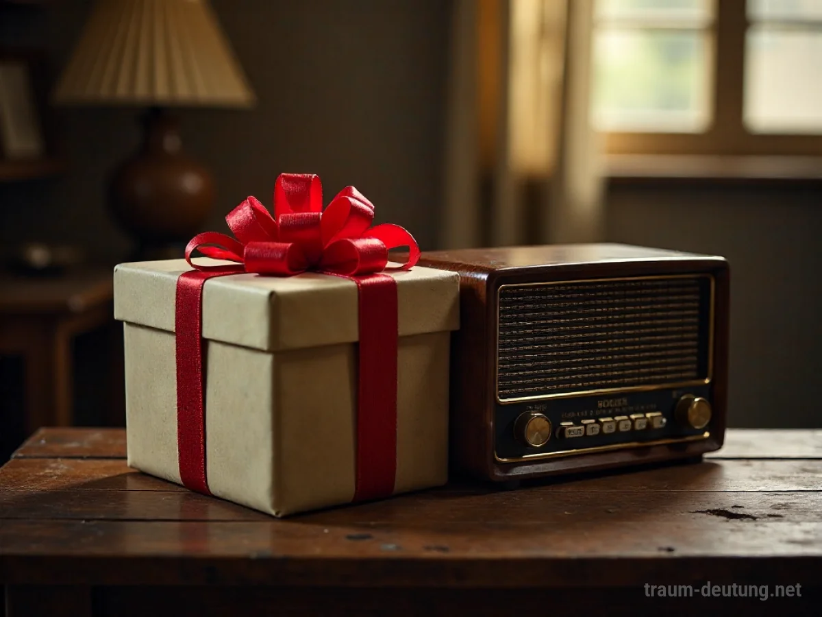 Ein Geschenkpaket mit einem Radio darin auf einem Holztisch.