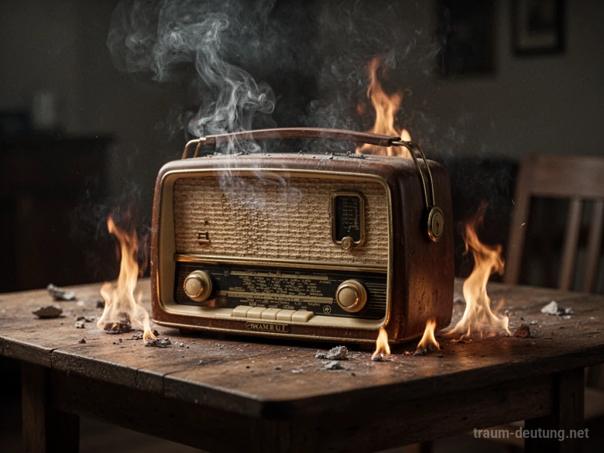 Ein altes Radio, das im Dunkeln brennt, mit Rauch und Flammen.