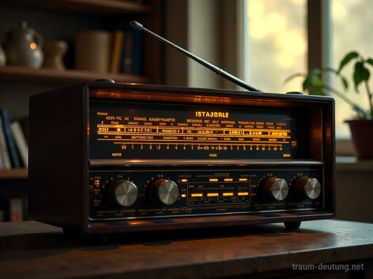 Ein altes Radio mit leuchtenden Knöpfen und Antenne.