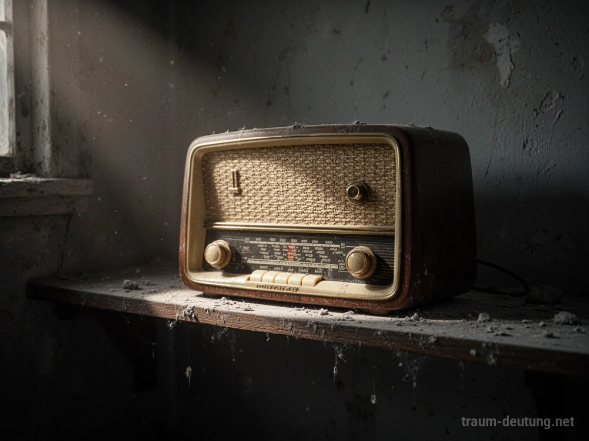 Ein altes Radio ohne Strom auf einem staubigen Regal in einem dunklen Raum