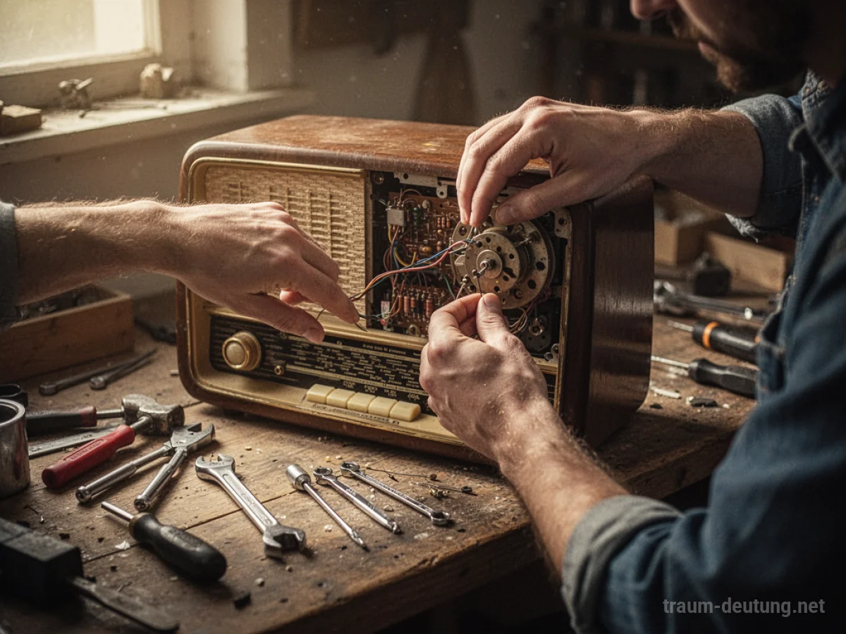 Hände reparieren ein altes Radio auf einer Werkbank