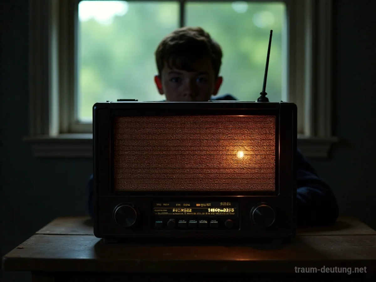 Ein altes Radio sendet ein sanftes Licht aus, während eine Schattenfigur davorsteht und zuhört.