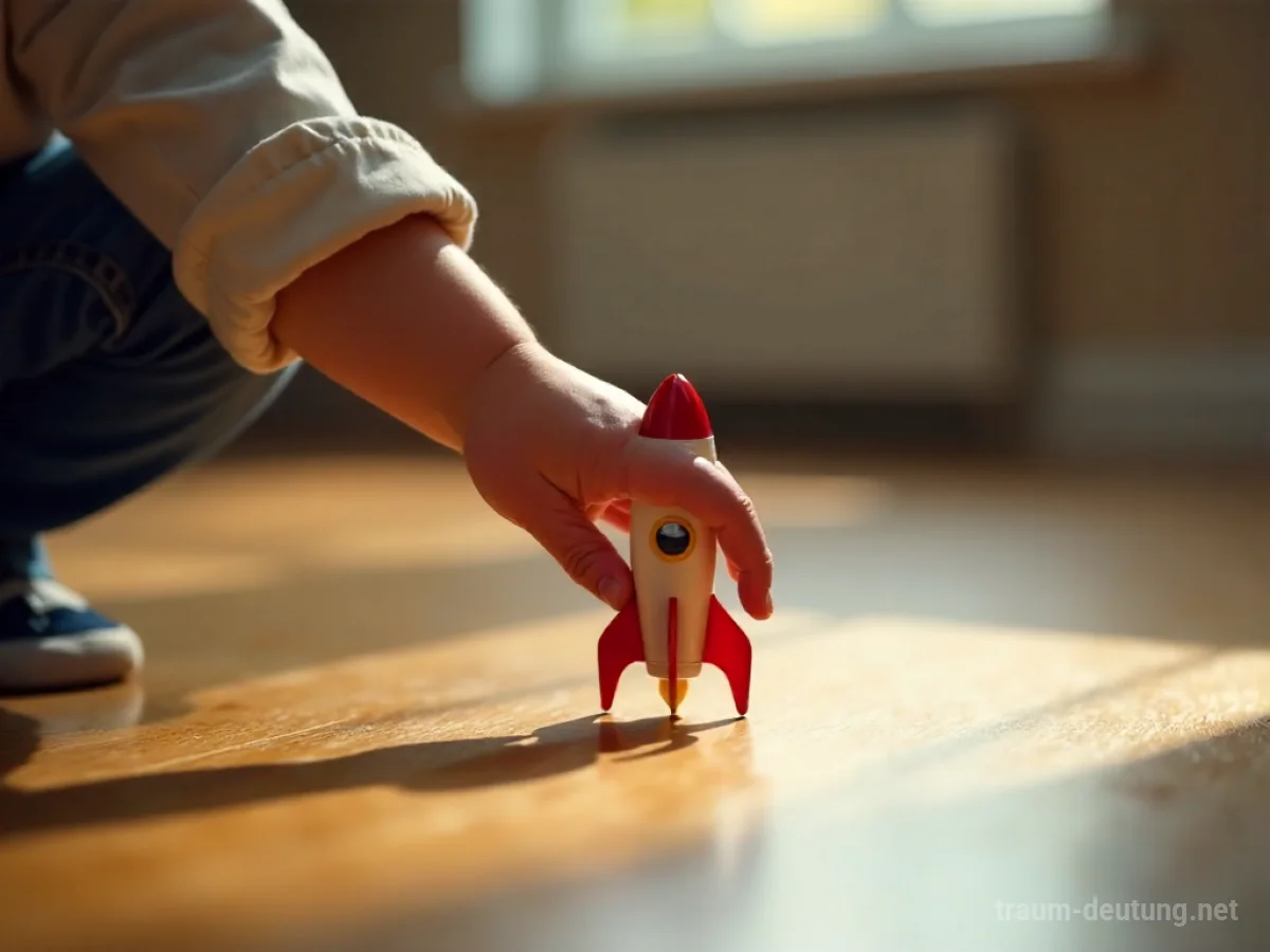Eine kleine, bunte Spielzeugrakete liegt auf einem Holzboden, die Hand eines Kindes nähert sich ihr.