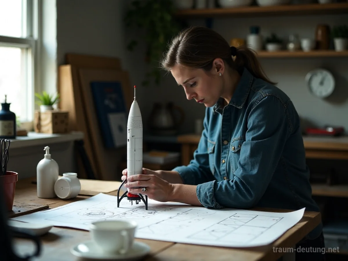 Eine Person baut eine Rakete im Traum, umgeben von Werkzeugen und Plänen.