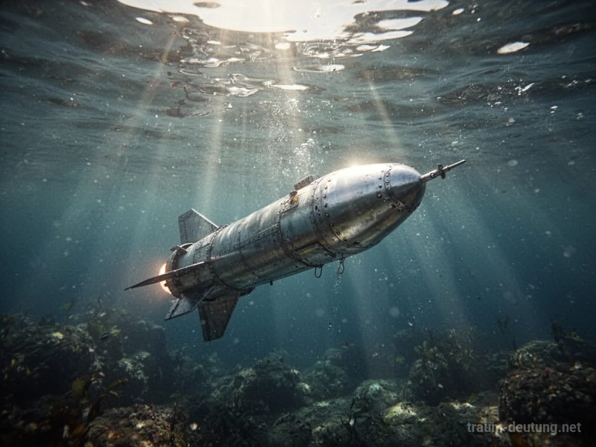 Eine Rakete ruht auf dem Grund unter Wasser, Lichtstrahlen fallen von oben herab.