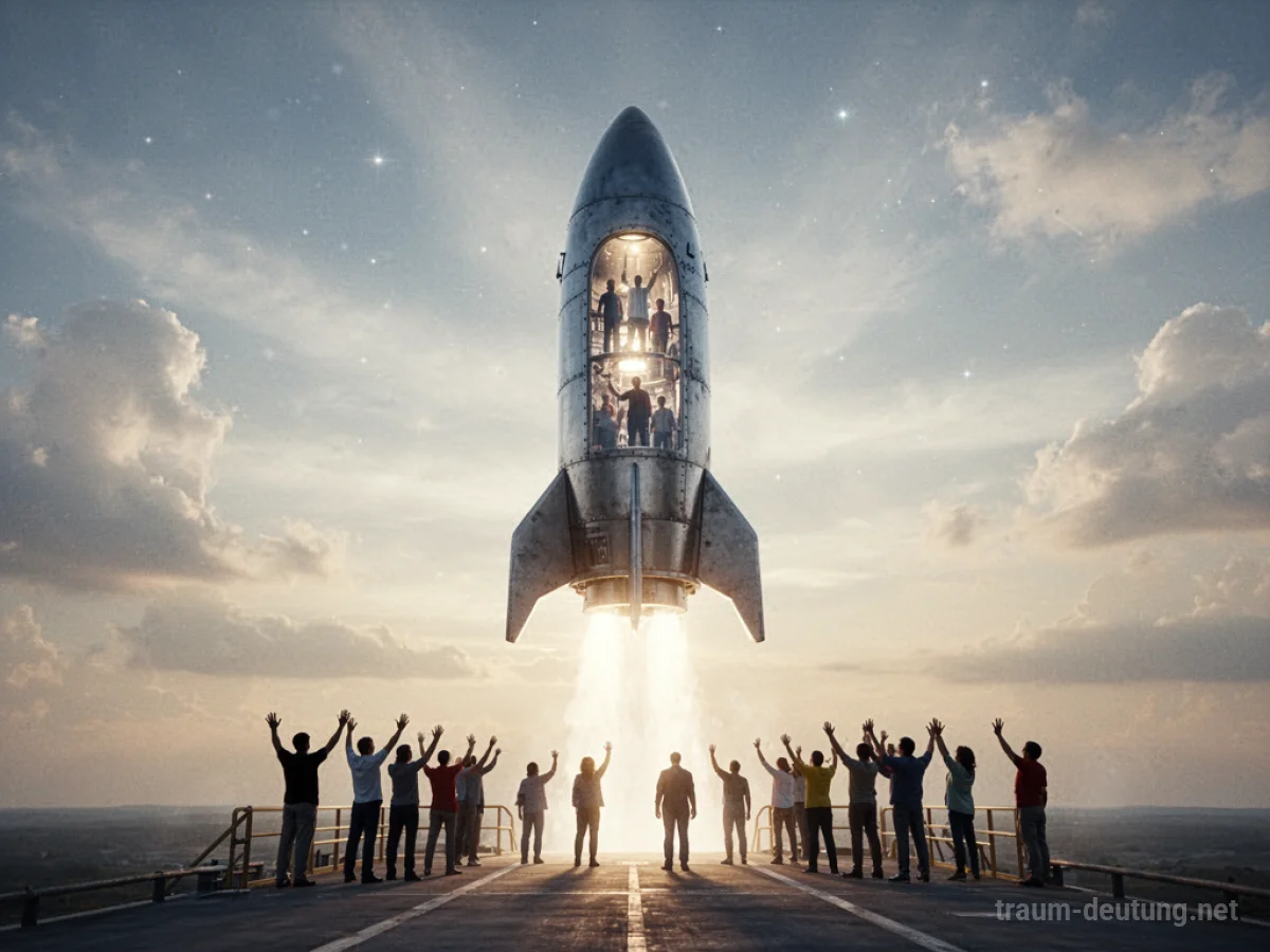 Rakete mit Menschen startet in den Himmel