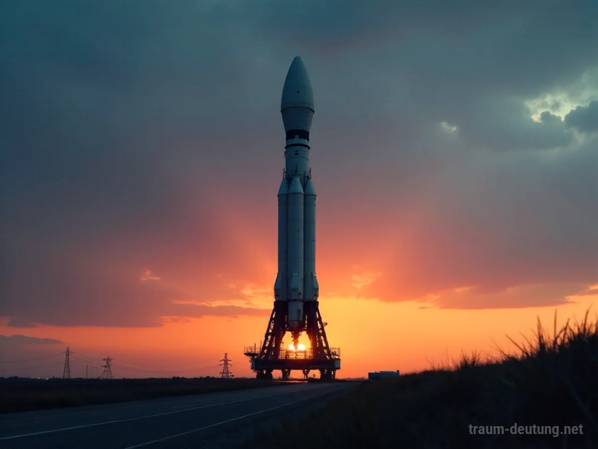 Eine Rakete steht auf einer Startrampe im Morgengrauen, bereit zum Start, aber ohne Bewegung.