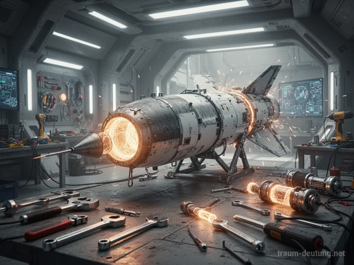 Rakete wird in einer Werkstatt repariert, mit Werkzeugen und leuchtenden Teilen.